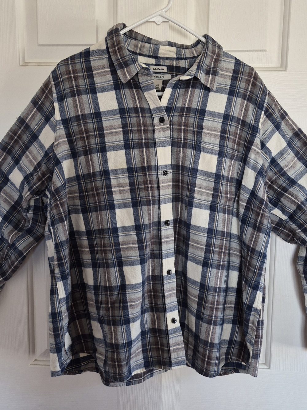 L.L. Bean Plaid Button-Down Shirt in White, Navy & Brown